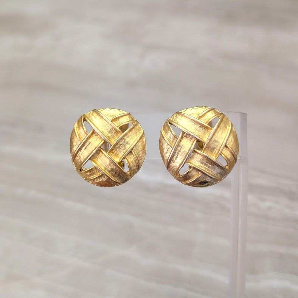 Vintage Clip On Earrings Stunning Gold Tone Statement Woven Design Stylish